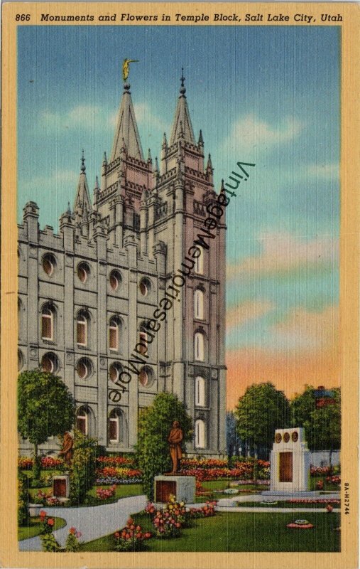 Monuments and Flowers in Temple Block Salt Lake City UT Postcard PC336