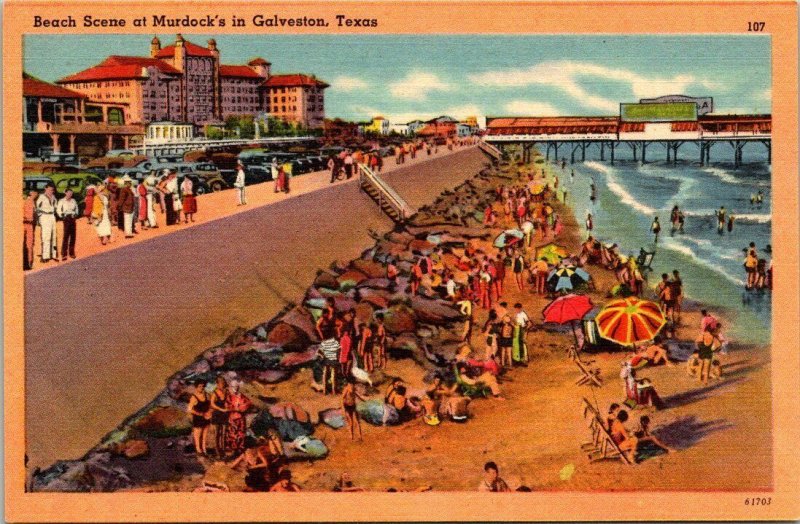 VTG Postcard Beach Scene Murdock's Galveston Texas Ocean View Linen 1482