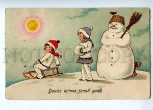 202818 SNOWMAN & Smiling SUN Sled Kids Vintage NEW YEAR PC