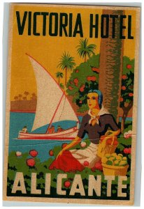 Victoria Hotel Alicante Spain Luggage Label Vtg Sticker Stamp Sailboat Poster