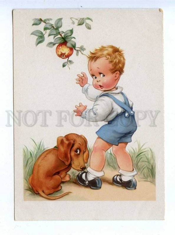 195896 GERMANY boy & dachshund dog Vintage postcard