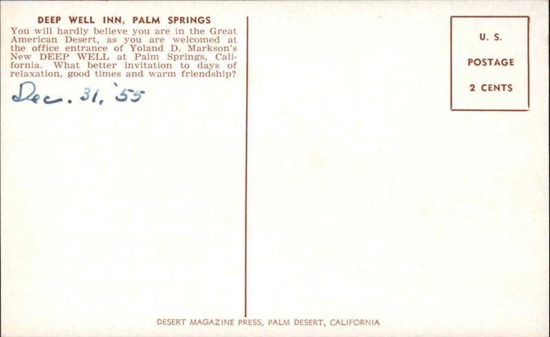 Palm Springs California CA Deep Well Inn Vintage Postcard