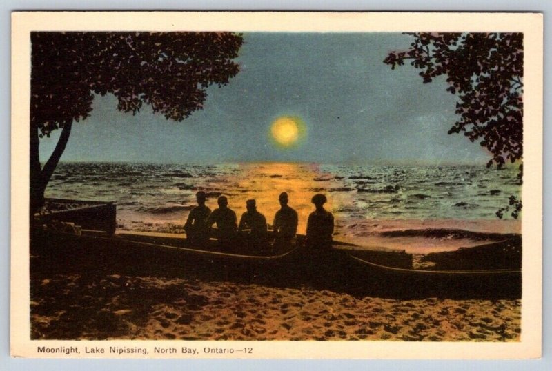 Moonlight On Lake Nipissing, North Bay, Ontario, Vintage PECO Postcard, NOS