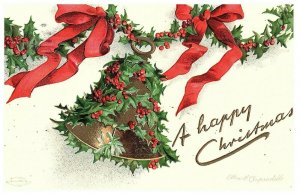 A/S Ellen H. Clapsaddle Happy Christmas Holly & Bells Postcard 1908 Posted Vtg