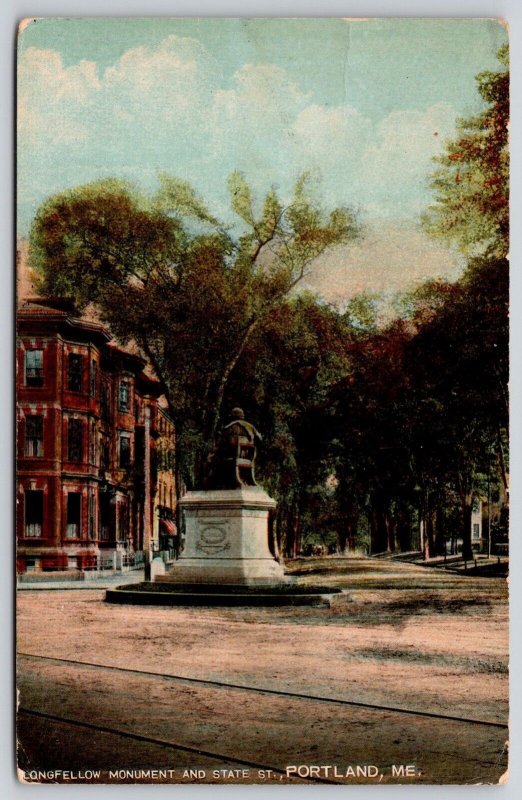 Portland Maine Longfellow Monument & State Street Landmark DB Cancel Postcard 