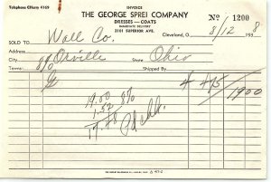 1938 THE GEORGE SPREI COMPANY CLEVELAND OH DRESSES COATS BILLHEAD INVOICE Z3517