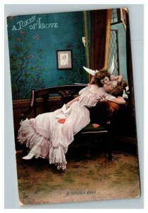 Vintage 1910 Tuck's Postcard Cupid Kisses Sleeping Woman - A Stolen Kiss NICE