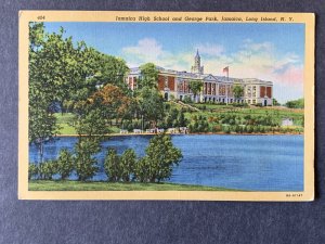 Jamaica HighSchool&George Park Jamaica Long Island NY Linen Postcard H2333084310