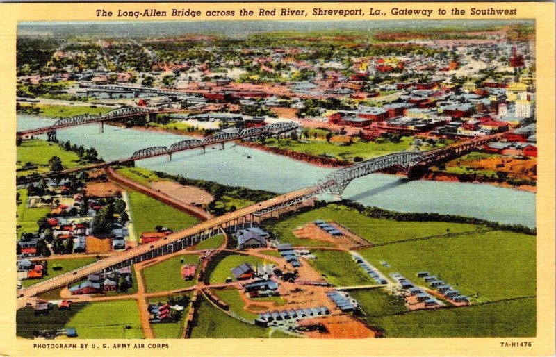 Shreveport LA Louisiana LONG-ALLEN BRIDGE~RED RIVER Aerial View ca1940s Postcard