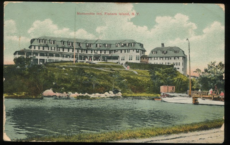 Mononotto Inn, Fishers Island, NY. Long Island. 1909 cancel. Newvochrome