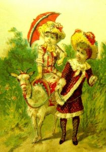 1880s Cute Girls Fancy Dress Hats One Riding on Goat Victorian Card F91