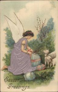 Easter Angel Eggs & Lamb REAL SILK c1910 Postcard #11