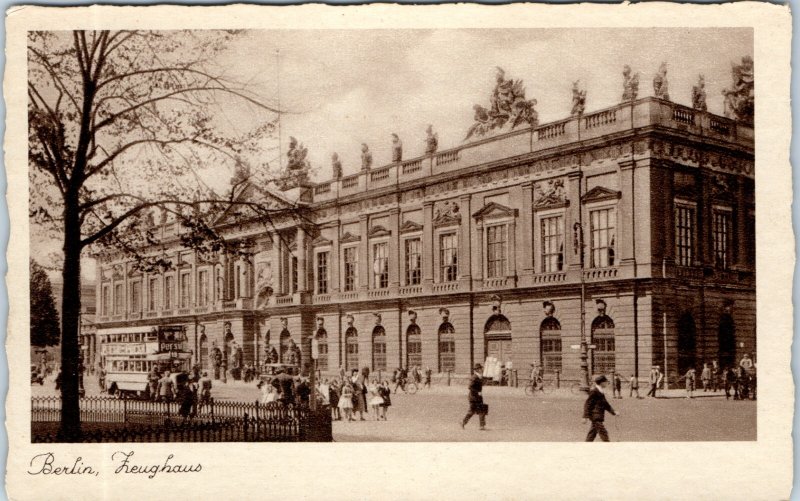 c1930s Berlin Germany Zeughaus Arsenal Postcard Persil Double Decker Bus Statue