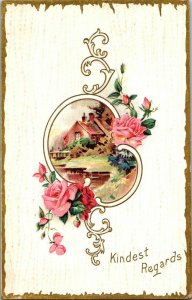 Early 1900s vintage embossed postcard pink roses filigree frame cottage stream