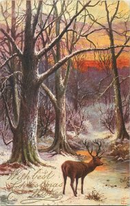 Postcard art drawing deer winter scene river sunset nature wild