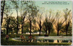 Normal Illinois, 1911 Lily Pond and Tennis Courts, State University, Postcard