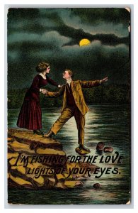 Romance Couple Moonlight Embrace Fishing For Love Lights 911 DB Postcard U8