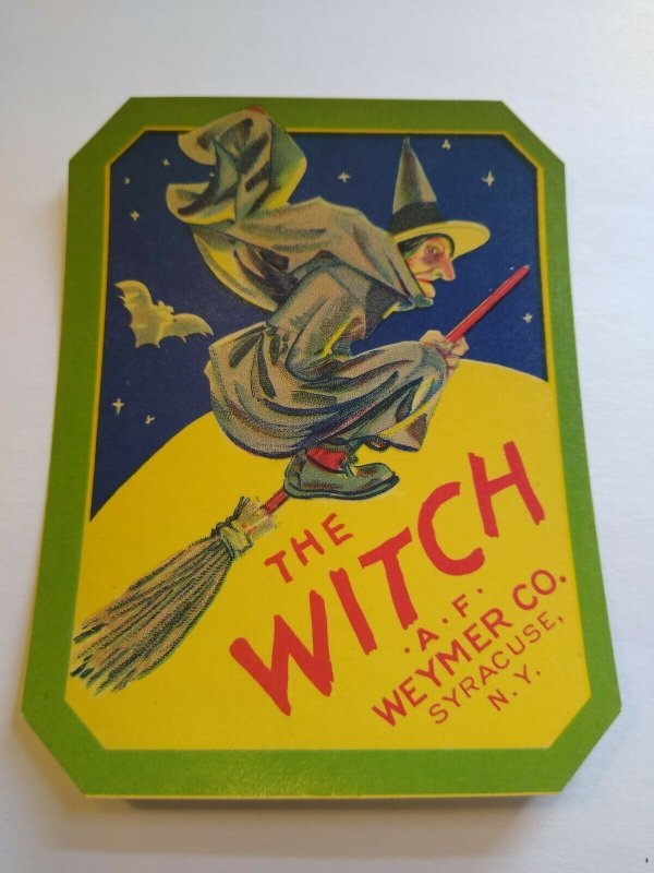 Halloween Vintage Flying Witch Broom Label Original 1920s Moon Stars Vampire Bat 