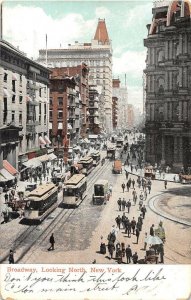 BROADWAY LOOKING NORTH NEW YORK TROLLEY USED IN CANADA POSTCARD 1907
