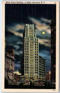 SYRACUSE, New York NY   STATE TOWER BUILDING at Night  c1940s Linen Postcard