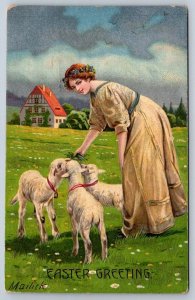 Easter Greetings Woman Feeding Lambs Antique 1912 Embossed Postcard, Flag Cancel