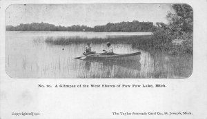 A GLIMPSE OF THE WEST SHORES OF PAW PAW LAKE MICHIGAN ROW BOAT POSTCARD (1901)