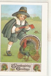 Boy pursuing turkey.  Modern English repro of old  Thanksgiving Greetings PC