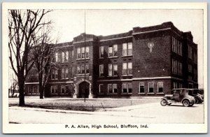 Vtg Bluffton Indiana IN P.A. Allen High School Old Cars 1910s View Old Postcard