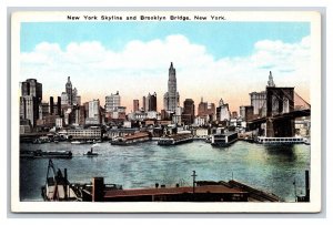 Skyline and Brooklyn Bridge New York City NY NYC UNP WB Postcard Q23