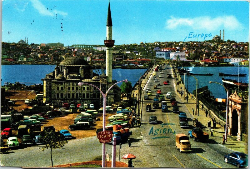 VINTAGE CONTINENTAL SIZE POSTCARD SOKULLU MOSQUE AND ATATURK BRIDGE ISTANBUL