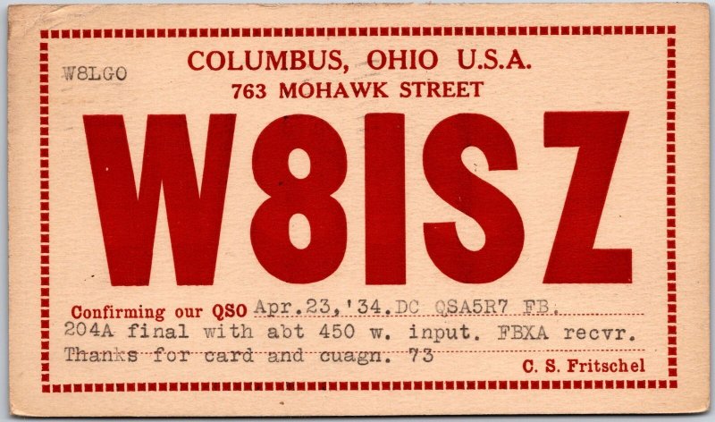 1934 Radio Card W8ISZ Columbus Ohio April 23, '34 QSO Posted Postcard