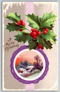 A Merry Christmas, Holly, Rural Winter Scene, Antique Embossed Postcard #1