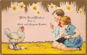 EASTER GREETINGS 1932 Postcard Children Want to Paint Eggs Guarded by Chicken 