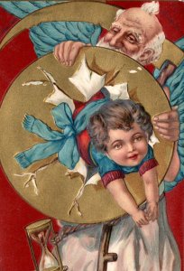 C. 1910 Father Time Hour Glass Girl Jumping Threw Hoop New Year Postcard P219