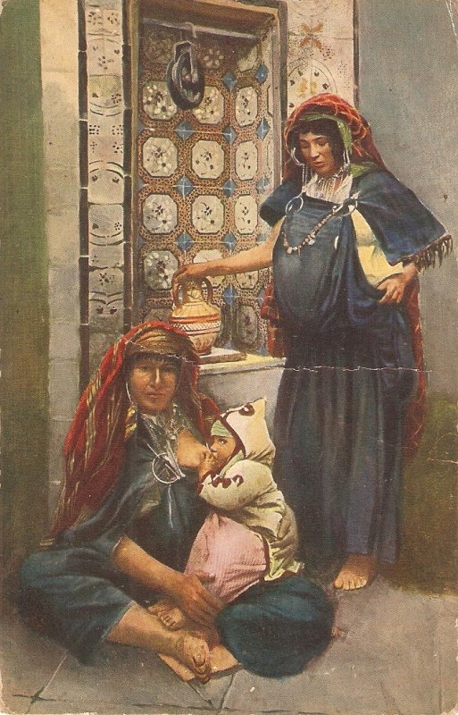 Tangel, Morocco. Street scene. Women with baby Old vintage postcard