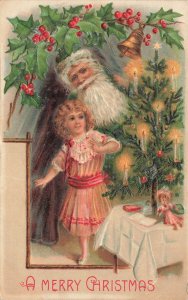 A Merry Christmas Dark Purple Suited Santa Claus w/Christmas Tree Girl Postcard