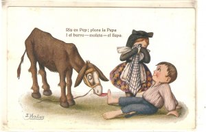 J. Ibañez. Caricature. Donkey licking feet after accident Vintage Spanish PC