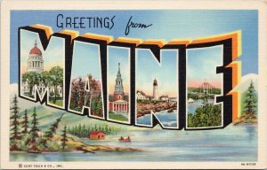 Greetings from Maine ME Large Letter Blue Unused Vintage Curteich Postcard F61