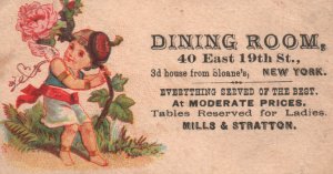 1880s-90s Girl & Rose Dining Room New York Mills & Stratton Trade Card