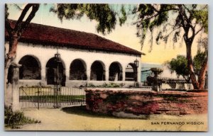 Los Angeles CA~Mission Hills~San Fernando Mission & Fountain~Hand-Colored~Vtg PC