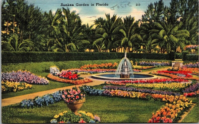 Sunken Garden Florida Linen Postcard PM Clearwater FL Cancel WOB Note Tichnor 1c 