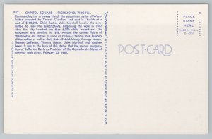 Richmond Virginia~Capitol Square Statue~Vintage Postcard 
