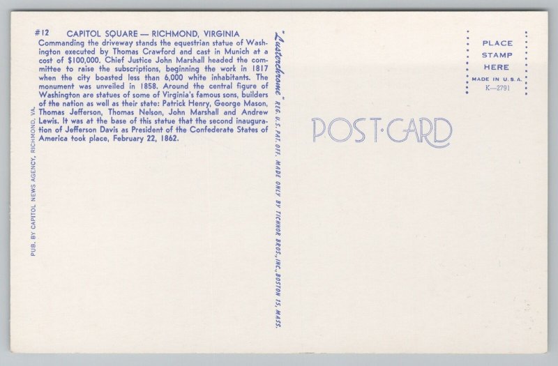 Richmond Virginia~Capitol Square Statue~Vintage Postcard 