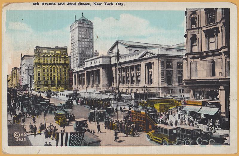 New York City, A very busy day at 5th Ave. and 42nd Street, dbl Deck Buses