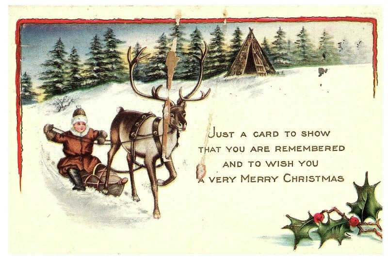 Christmas Greeting Children Sleigh Reindeer Whitney Made Postcard 1917