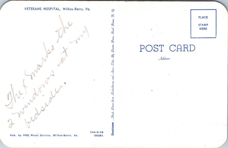 VINTAGE POSTCARD THE VETERANS HOSPITAL AT WILKES-BARRE PENNSYLVANIA 1960s