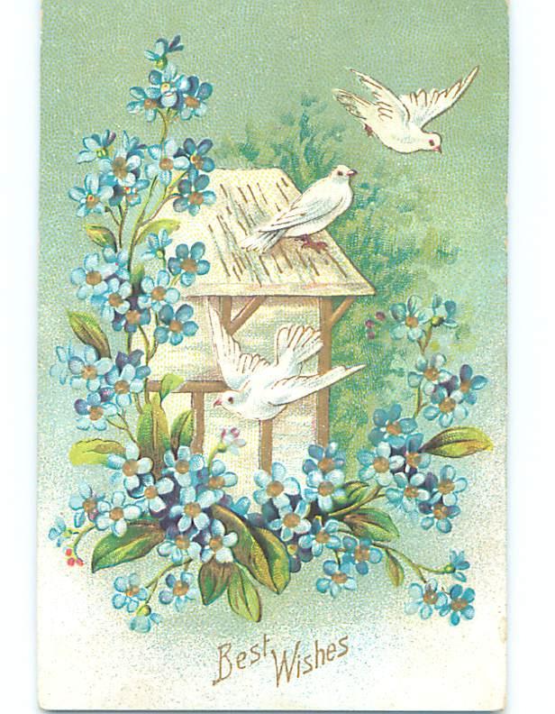 Pre-Linen WHITE DOVE BIRDS ON THE ROOF WITH FORGET-ME-NOT FLOWERS HJ4497