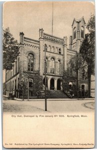 City Hall, Destroyed by Fire January 1905 Springfield MA Vintage Postcard J36