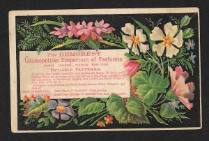 VICTORIAN TRADE CARD Miller Dry Goods Demorest Reliable Patterns Flowers