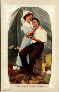 Unsafe Safety Razor woman shaving man tent camping cast iron skillet Postcard